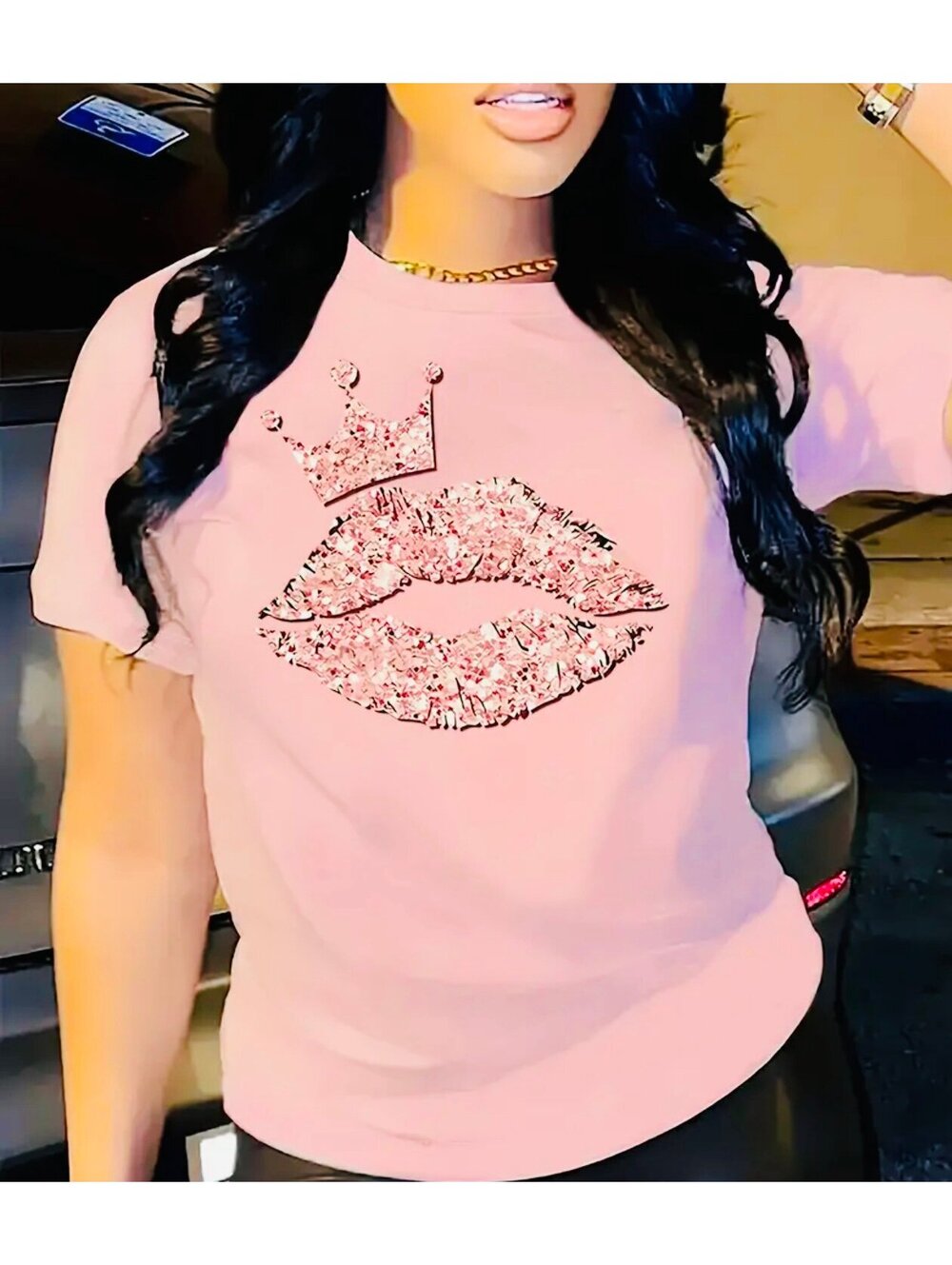 >SALE< New - Sparkling -Queen - Lip Print Crew Neck T-Shirt - Pink - Size L - Picture 5 of 5